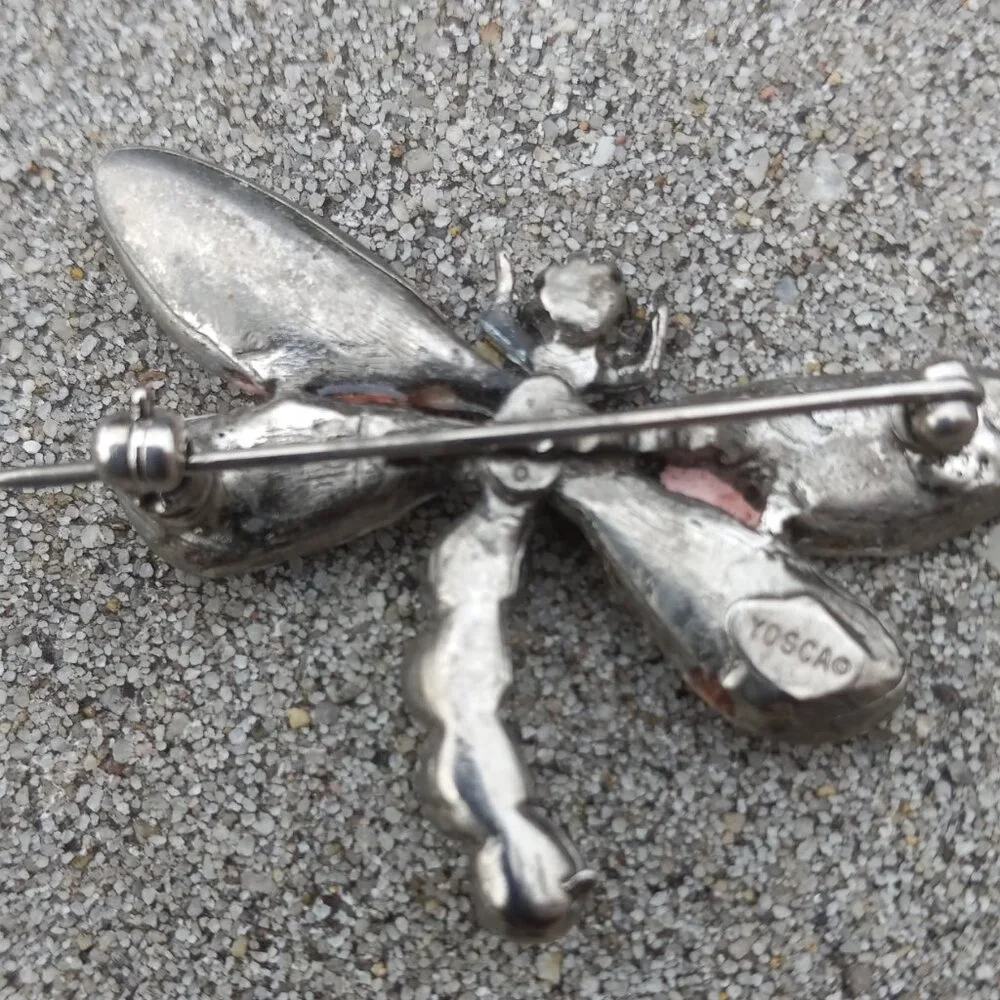 Gerard Yosca Brooch Figural  Vintage Enamel Dragonfly in Silver, Orange + White